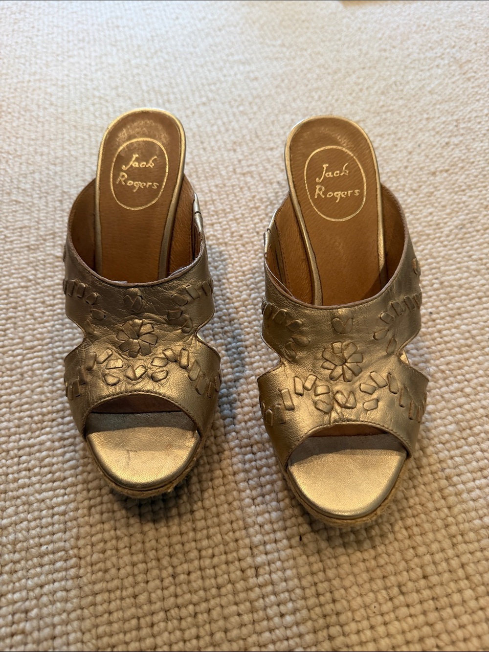 Jack Rogers Metallic Gold Floral Embossed Slide Mules